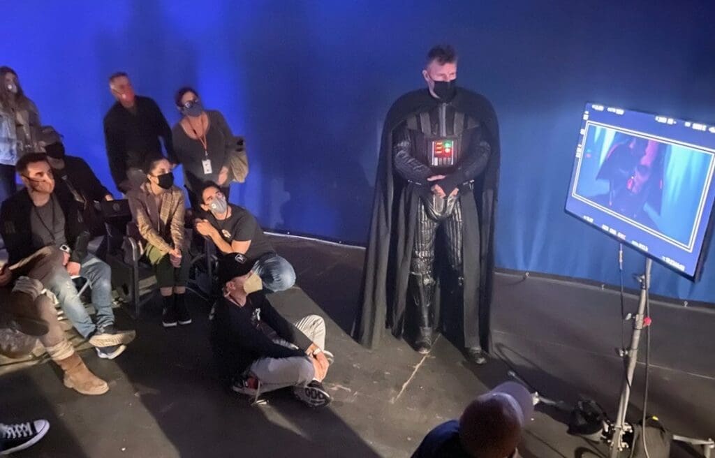 Tom in Darth Vader on set with crew